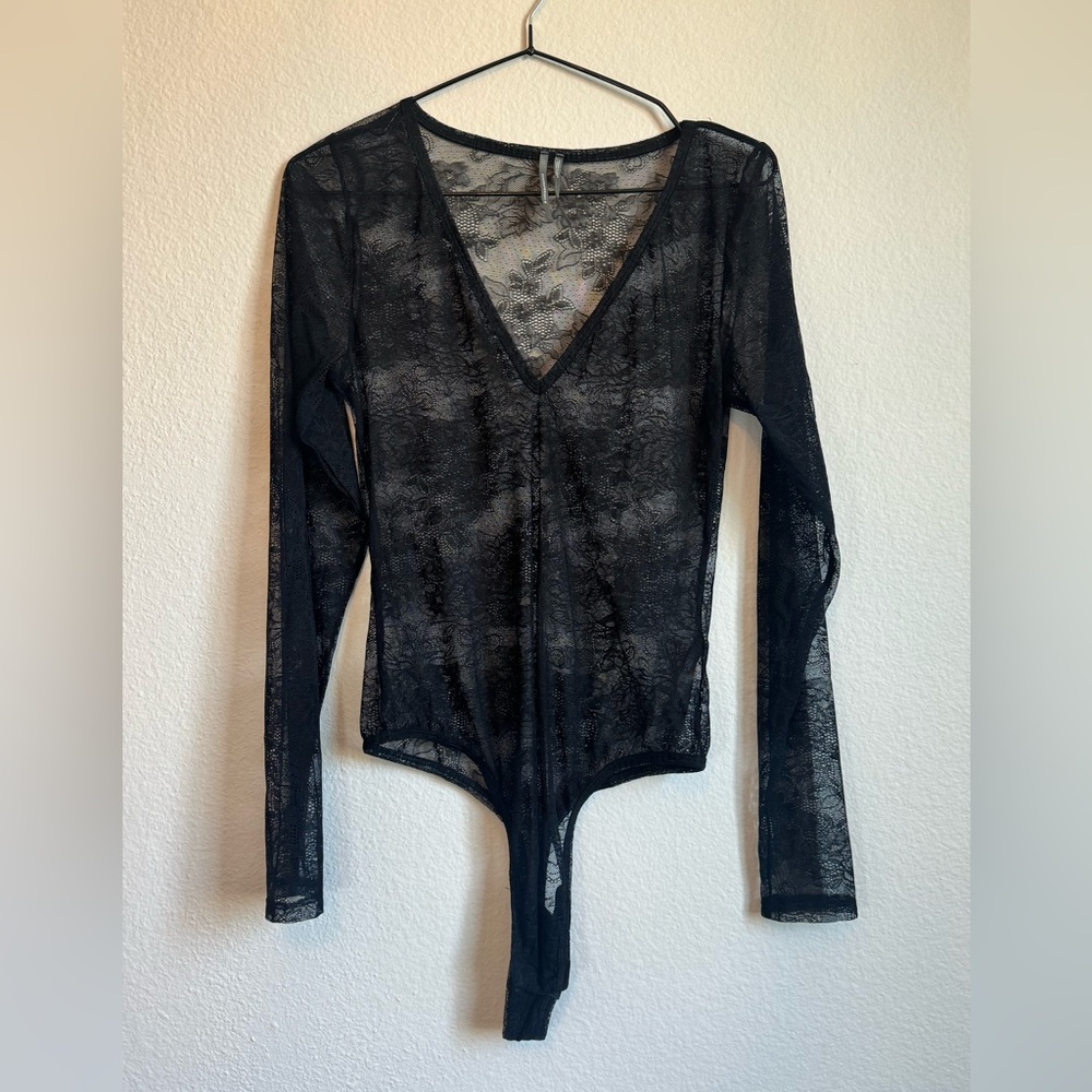 Anthropologie v-neck Bodysuit - Black Lace - M